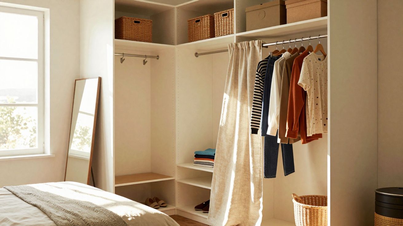 Quarto com armário aberto, roupas penduradas, cestos de vime e espelho apoiado na parede.