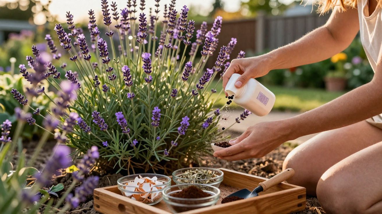 Pessoa sem rosto preparando remédio natural com plantas e ervas em jardim iluminado pelo sol.
