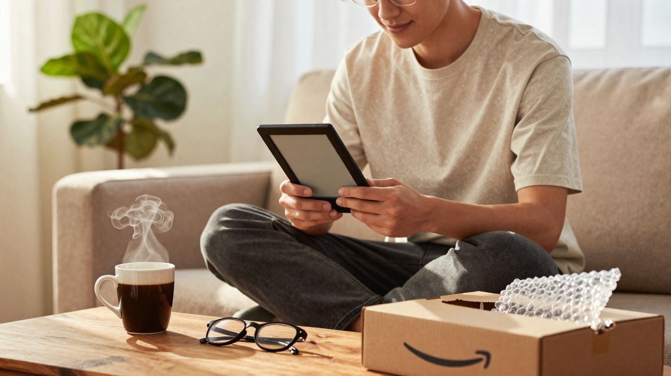 Pessoa sentada no sofá lendo em e-reader, com caixa da Amazon, óculos e xícara de café na mesa.