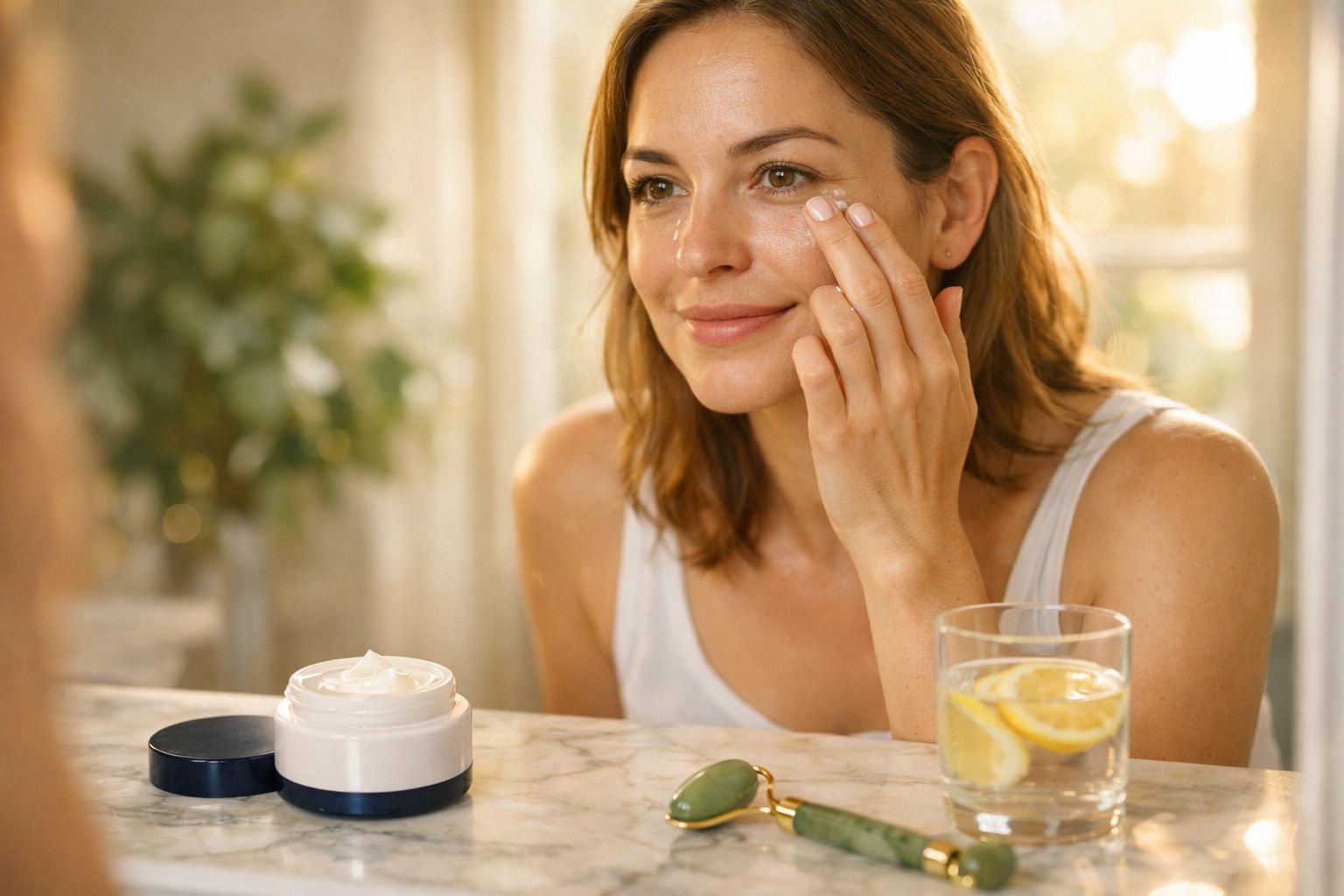 Mulher aplica creme no rosto sentada em mesa com jade roller e copo de água com limão.