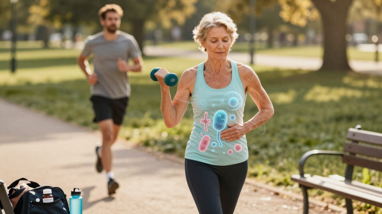Mulher idosa fazendo exercício com halteres em parque, com imagens de microrganismos sobrepostas no peito.