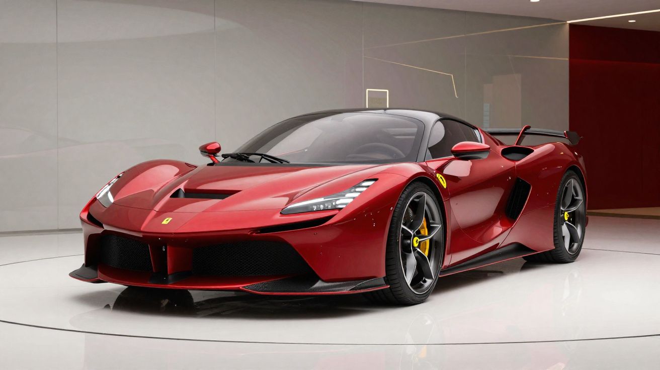 Carro esportivo Ferrari vermelho brilhante em exposição, com design aerodinâmico e rodas pretas.