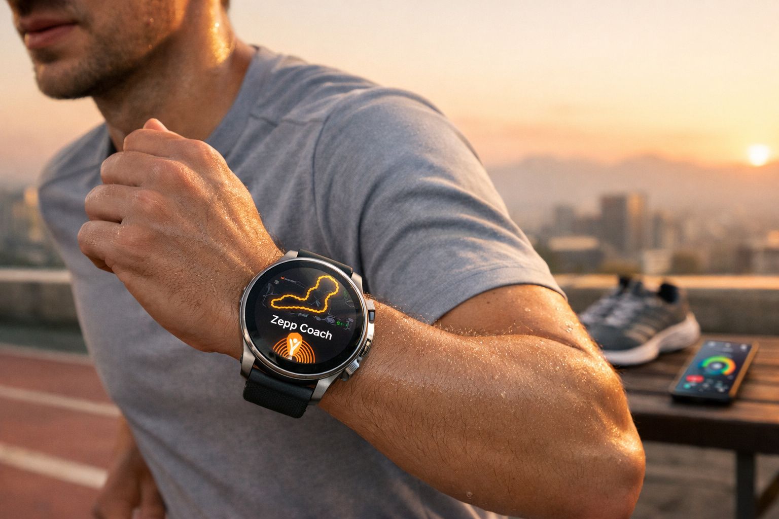 Homem com relógio inteligente exibindo app Zepp Coach durante treino ao ar livre ao pôr do sol.