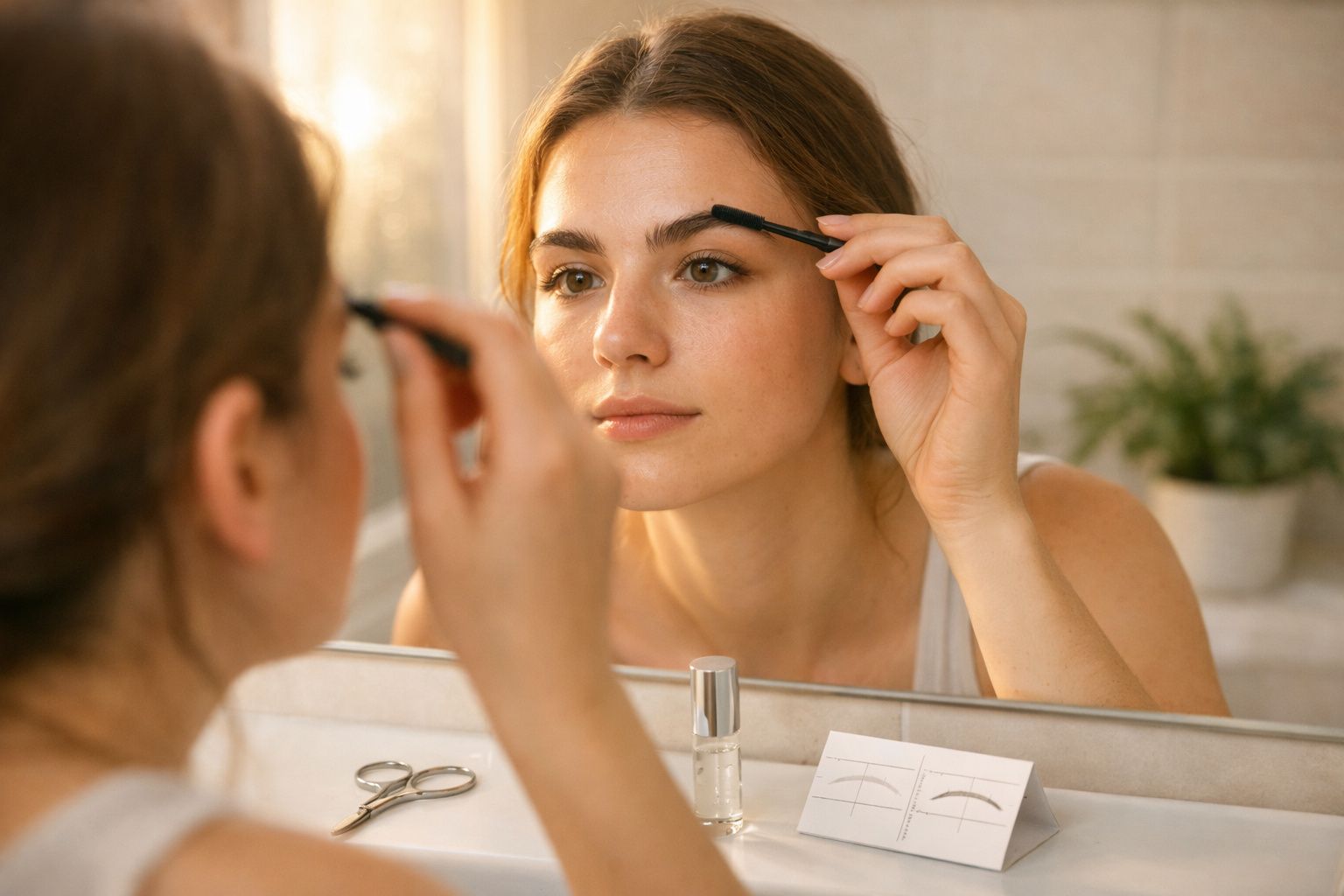 Mulher aplicando rímel nas sobrancelhas em frente ao espelho no banheiro durante o dia.