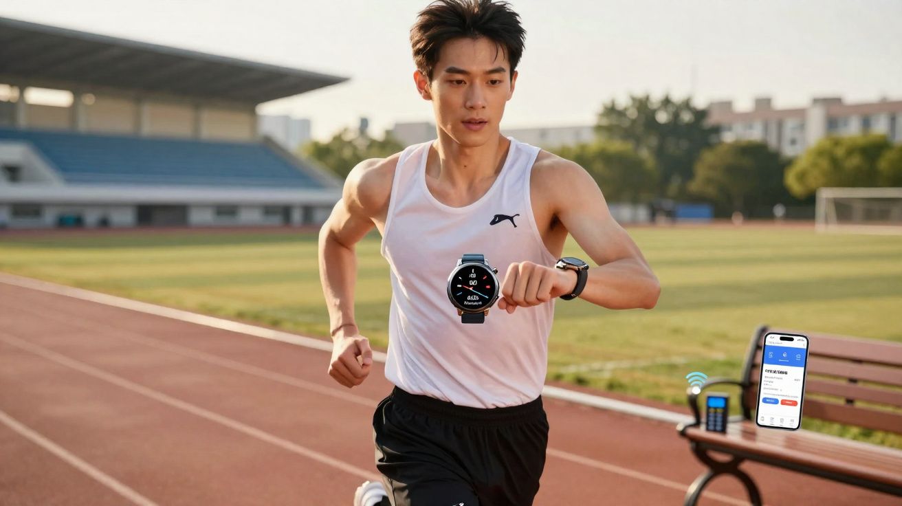 Homem correndo em pista de atletismo usando relógio inteligente para monitorar atividade física.