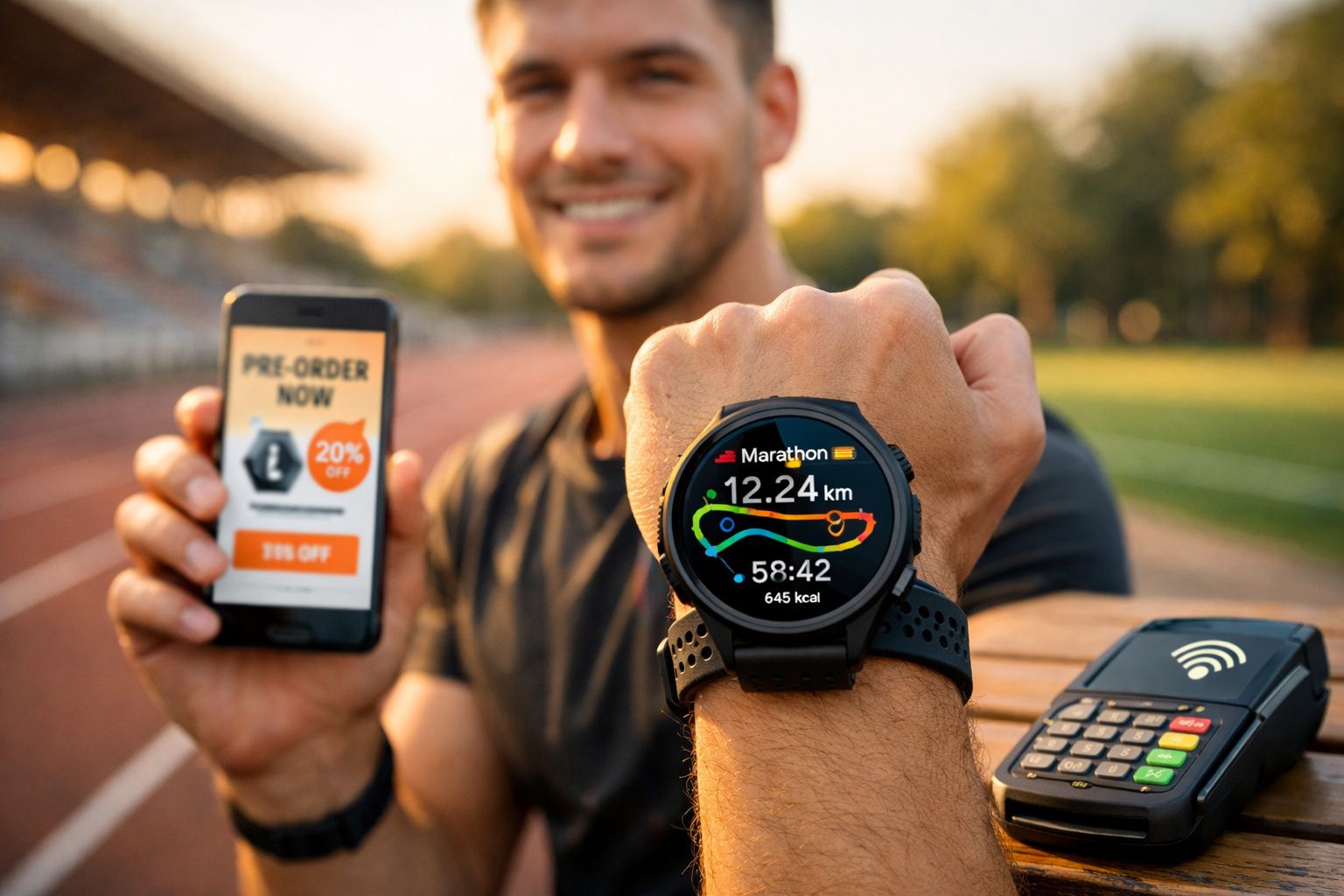 Homem sorrindo mostra relógio esportivo com dados de corrida e telefone com oferta de pré-venda na pista de atletismo.
