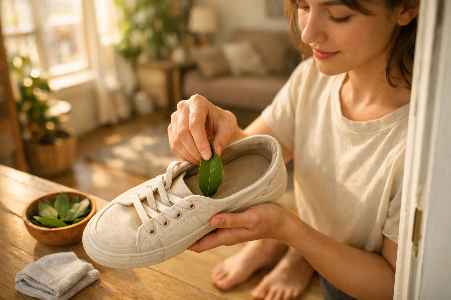 Mulher colocando folha dentro de tênis branco em ambiente iluminado e aconchegante.