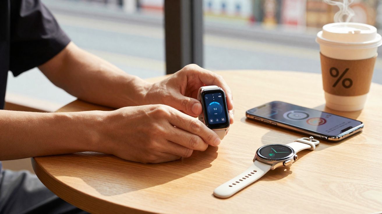 Pessoa ajustando relógio inteligente em mesa com smartphone, outro relógio e copo de café.