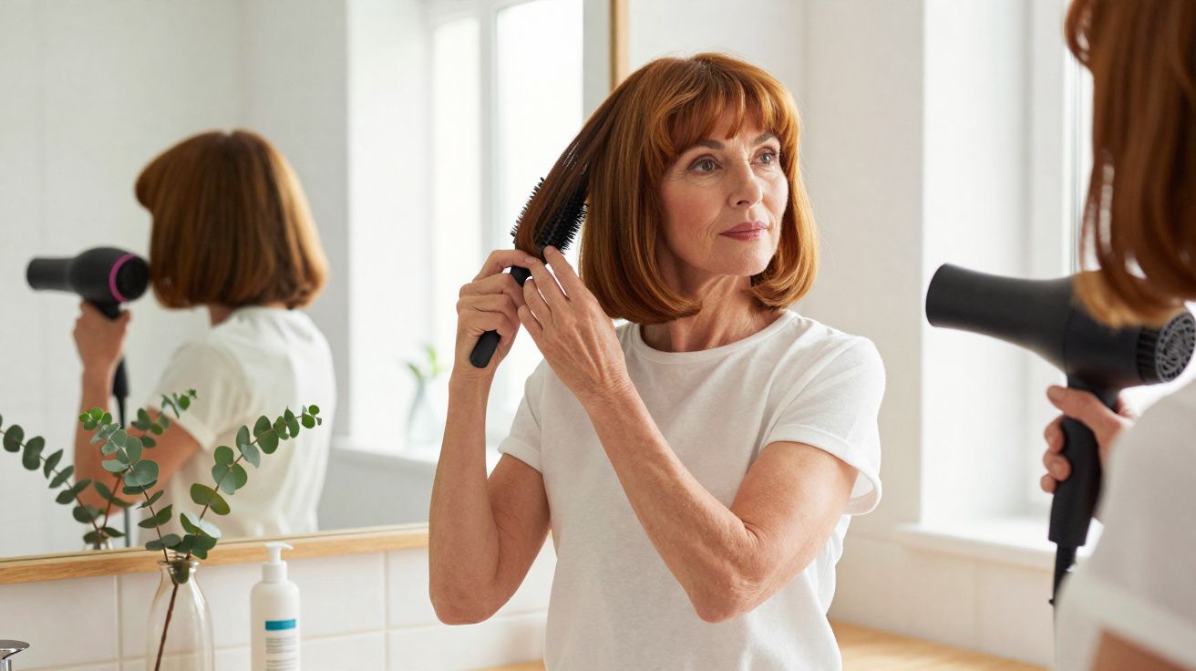 Mulher de meia-idade penteando o cabelo enquanto usa um secador em frente ao espelho do banheiro.