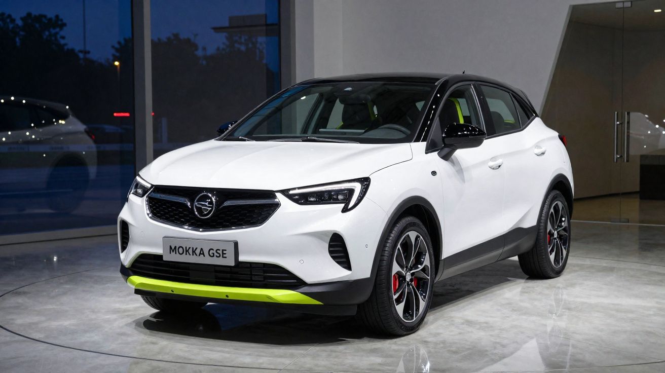 Carro SUV branco Opel Mokka GSE exibido em showroom moderno com detalhes em verde neon.