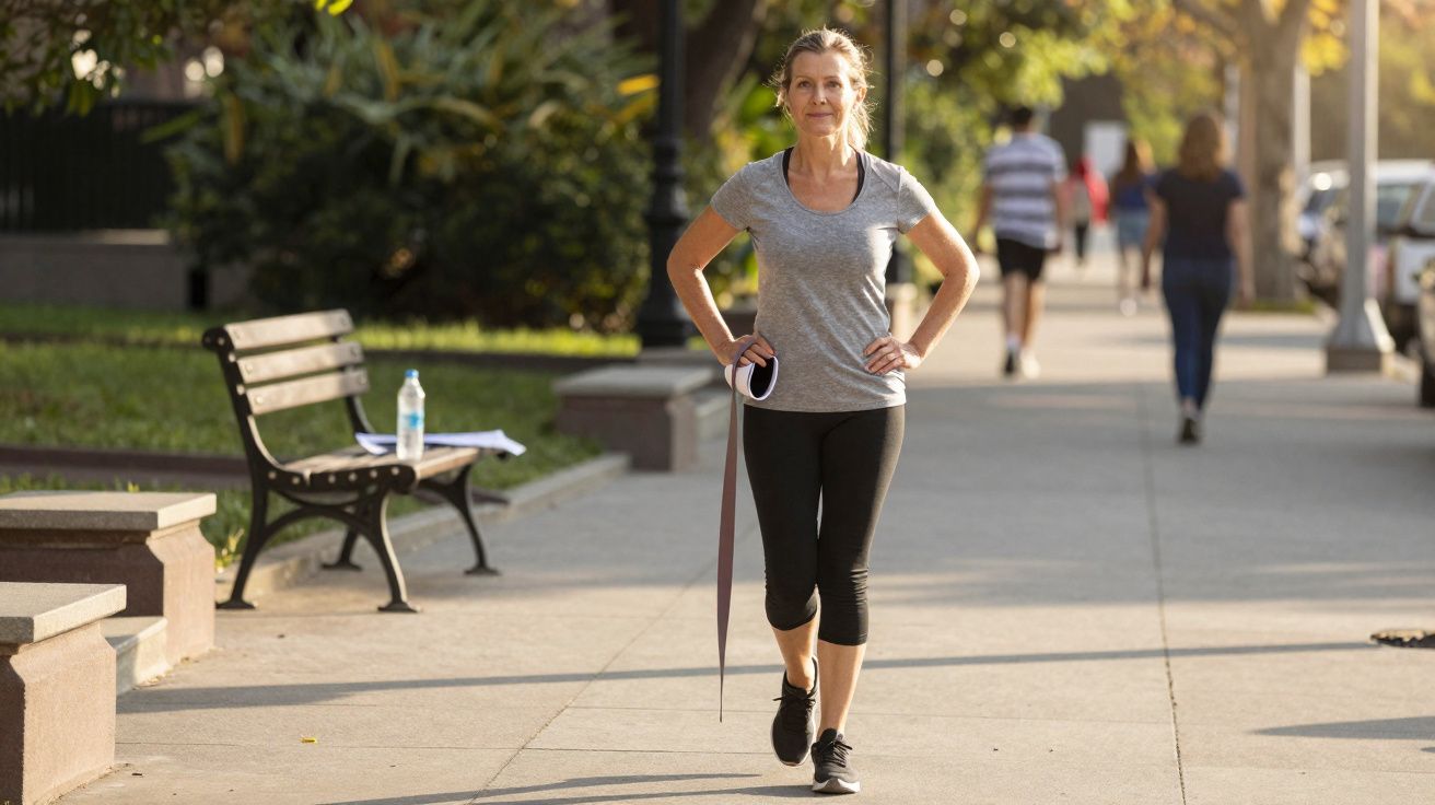Mulher caminhando em parque urbano ao pôr do sol usando roupas esportivas cinza e pretas.