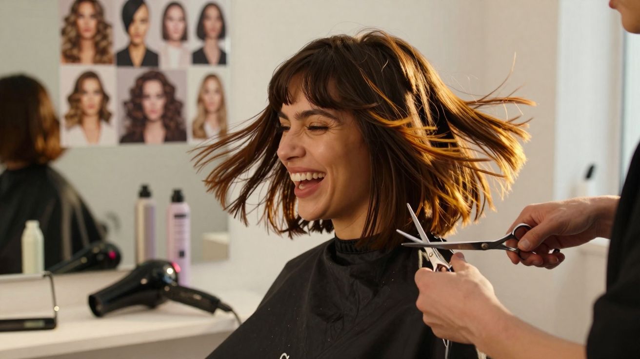 Mulher sorrindo enquanto corta o cabelo em salão com secador e fotos de cortes no fundo.