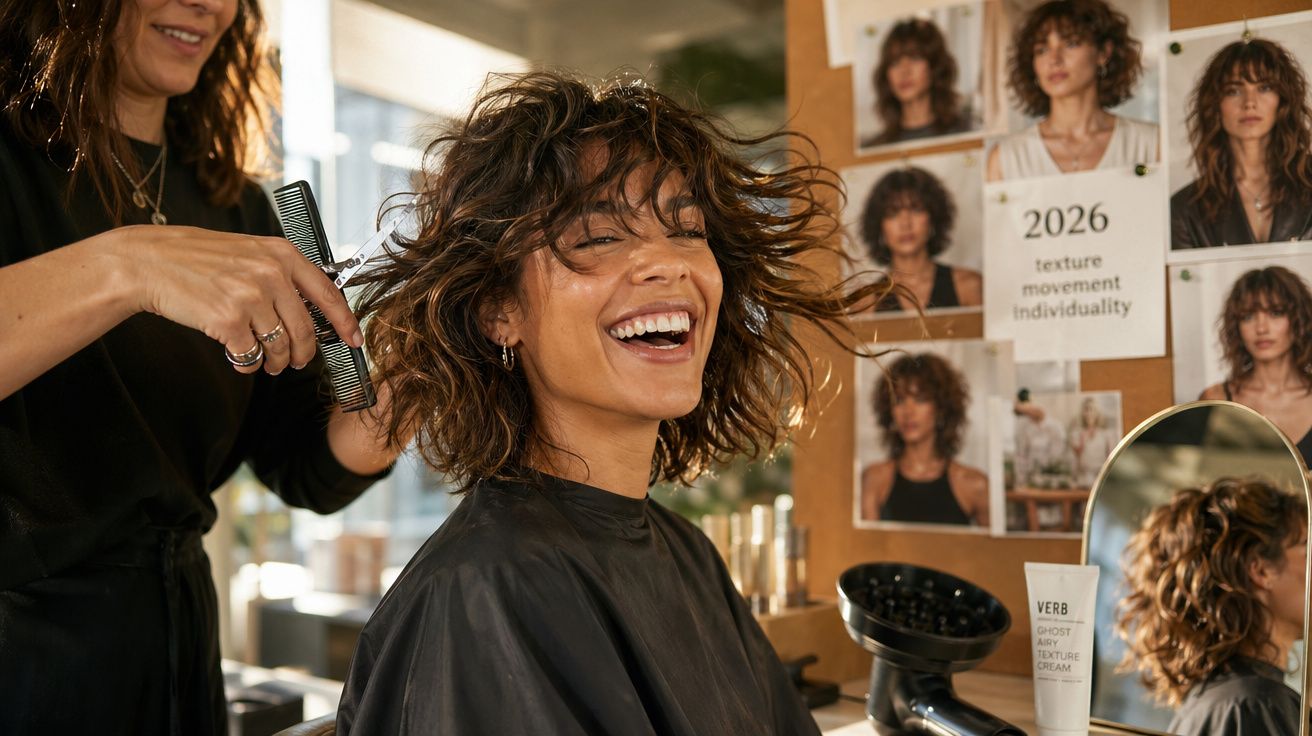Mulher sorridente com cabelo cacheado sendo cortado por cabeleireira em salão moderno.