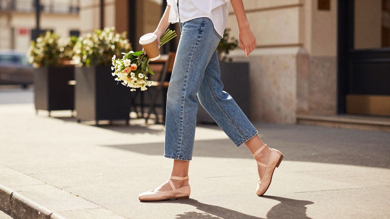 Pessoa caminhando na calçada segurando flores e um copo de café, vestindo jeans e sapatilha rosa claro.