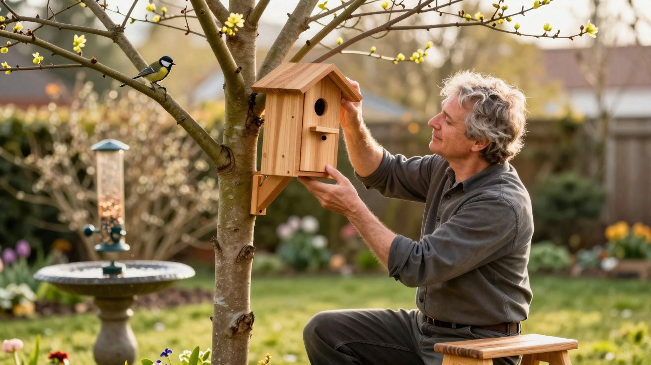 Homem colocando casa de pássaros em árvore florida no jardim durante o dia.