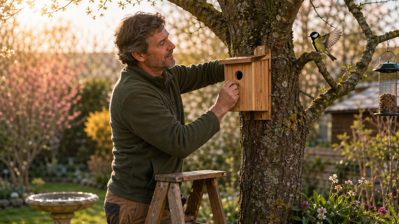 Homem instala casinha de pássaros em árvore enquanto pássaro voa próximo em jardim ao entardecer.