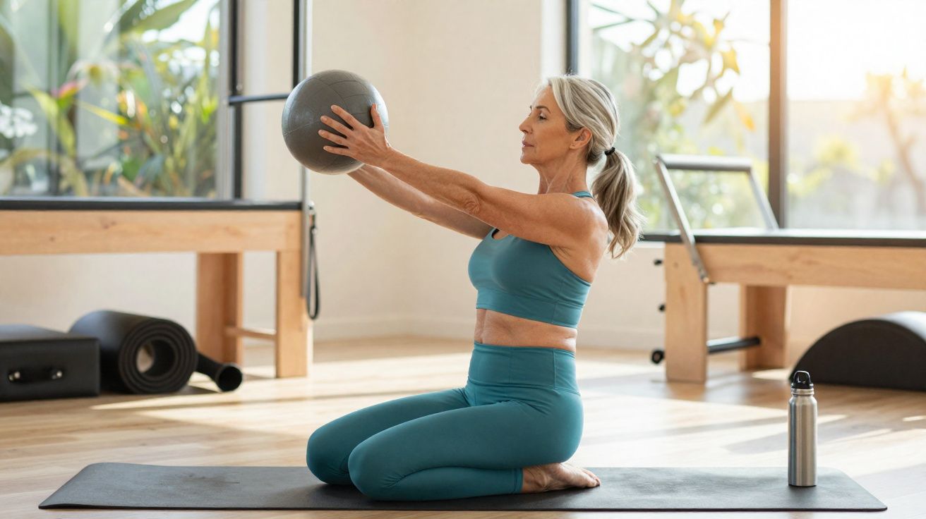 Mulher madura em roupa de ginástica azul praticando exercícios com bola medicinal em estúdio iluminado.