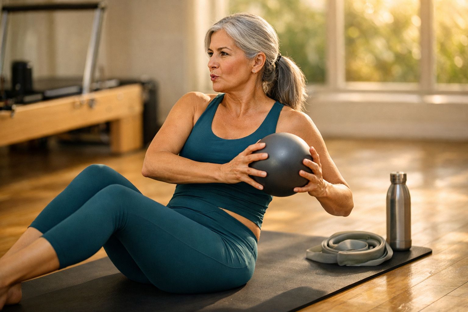 Mulher madura em roupa esportiva faz exercício com bola de pilates em tapete dentro de ambiente iluminado.