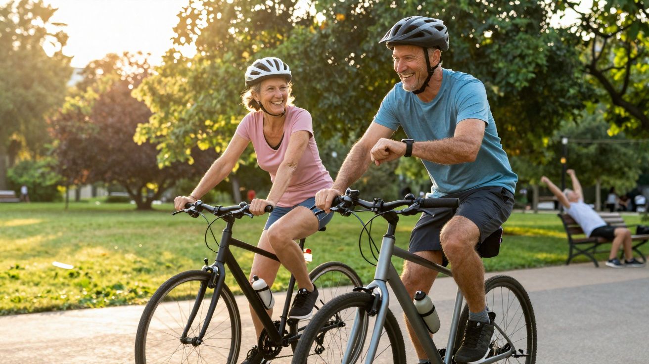Casal de idosos pedalando de bicicleta em parque ensolarado, usando capacetes e roupas esportivas.