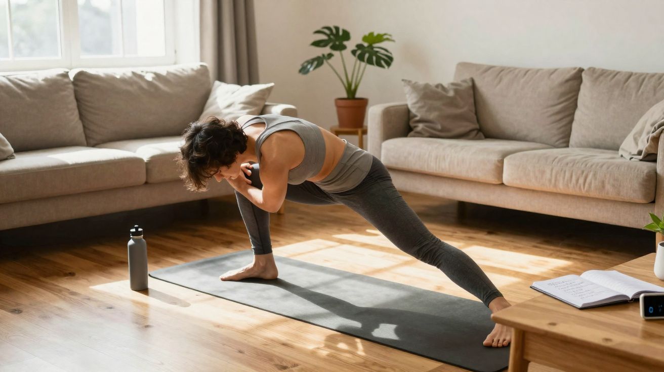 Mulher fazendo alongamento em tapete de yoga na sala iluminada com sofá e plantas ao fundo.