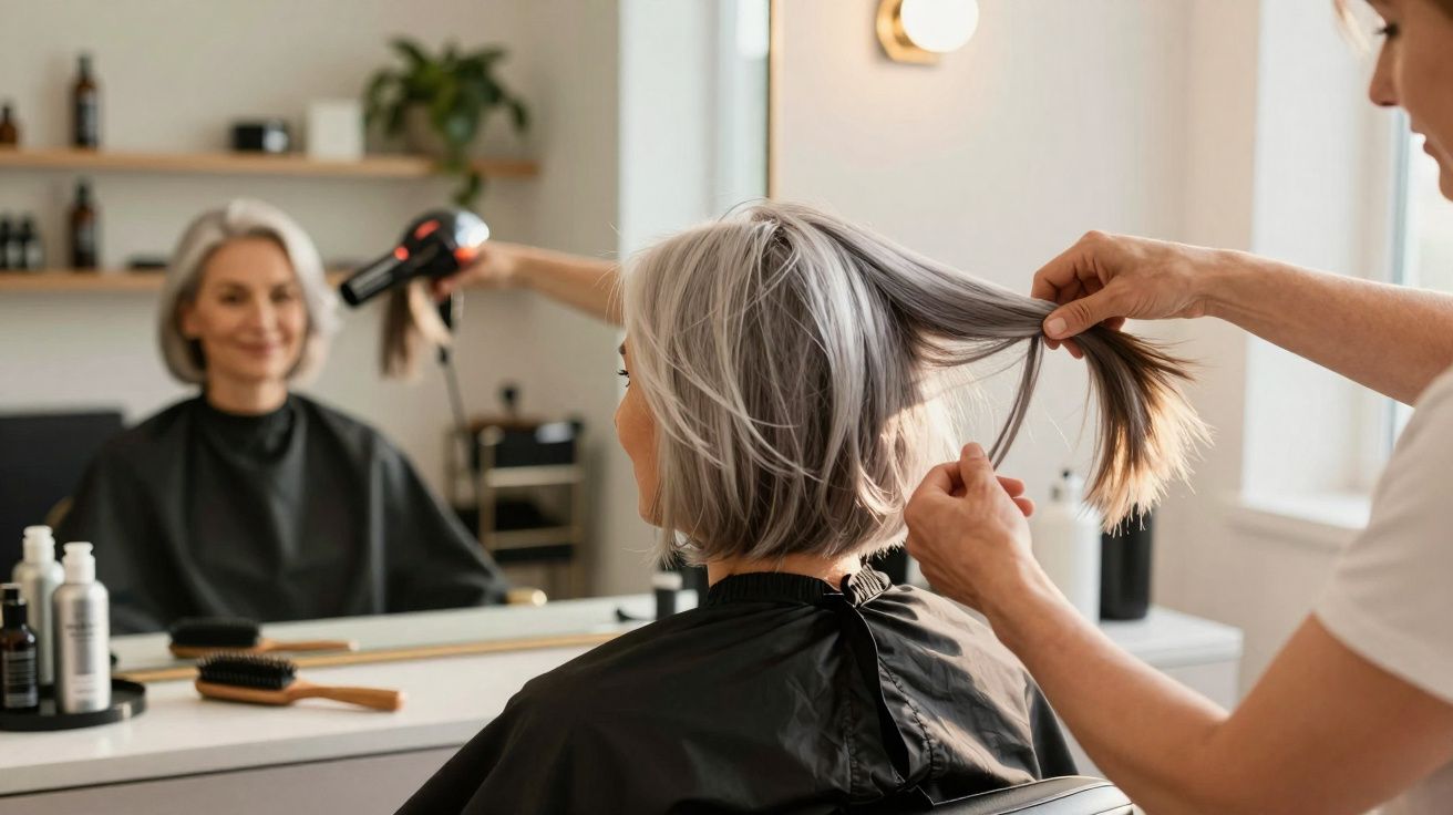 Mulher com cabelo grisalho sendo atendida em salão de beleza, com profissional secando seu cabelo.