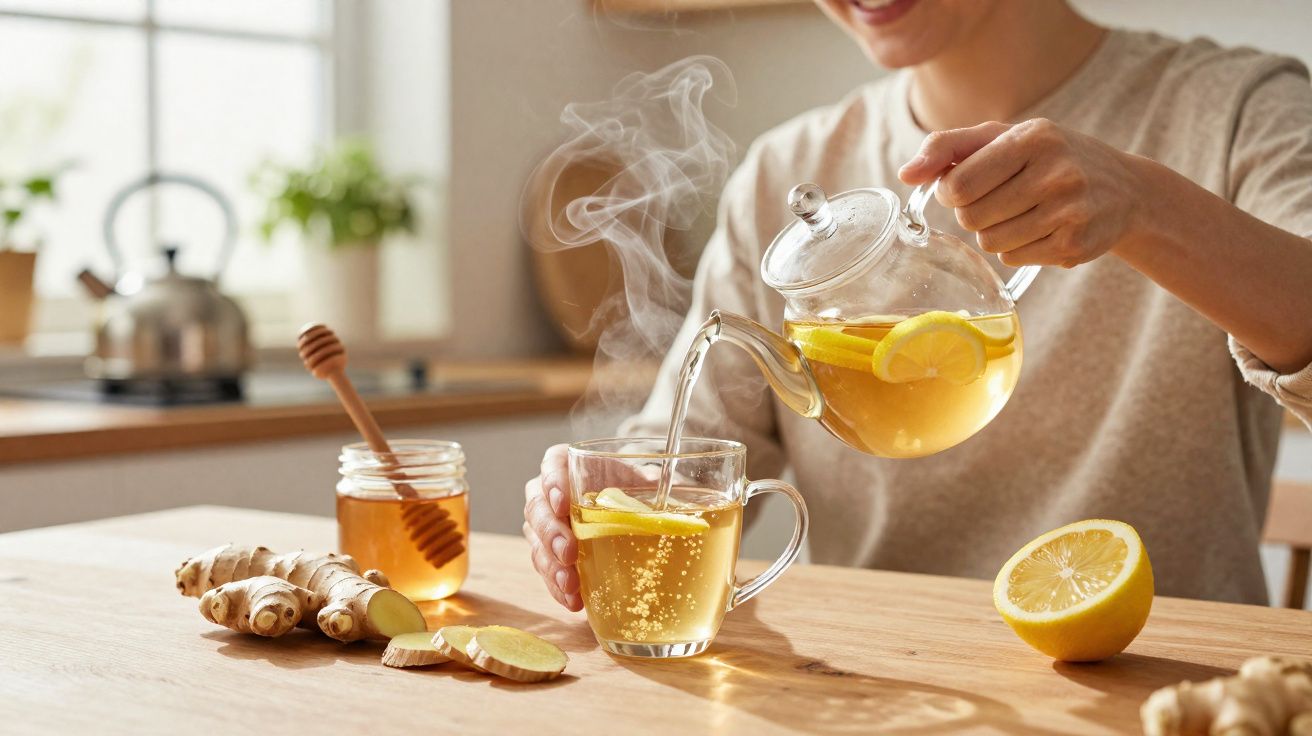 Pessoa servindo chá de limão e gengibre em xícara transparente em mesa de madeira clara.
