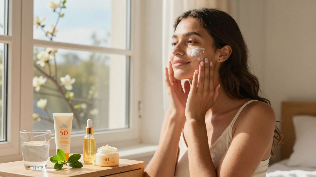 Mulher aplica protetor solar no rosto com frascos de cosméticos e copo de água ao lado, perto da janela.