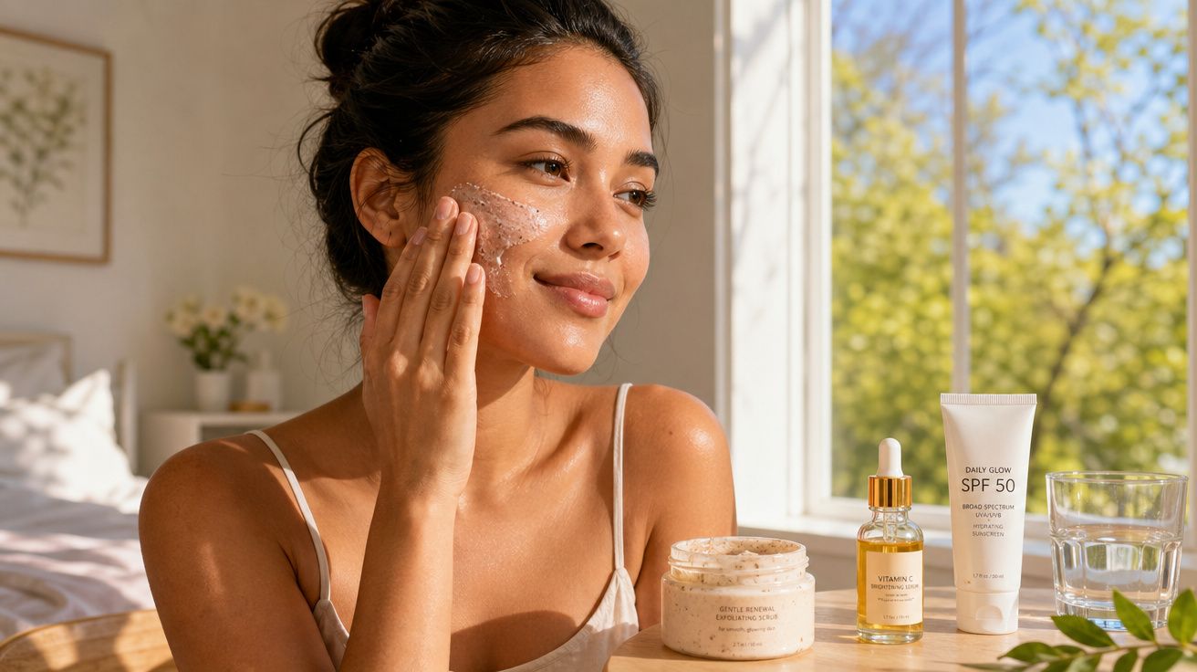 Mulher aplicando esfoliante facial em ambiente iluminado com produtos de cuidados com a pele ao lado.