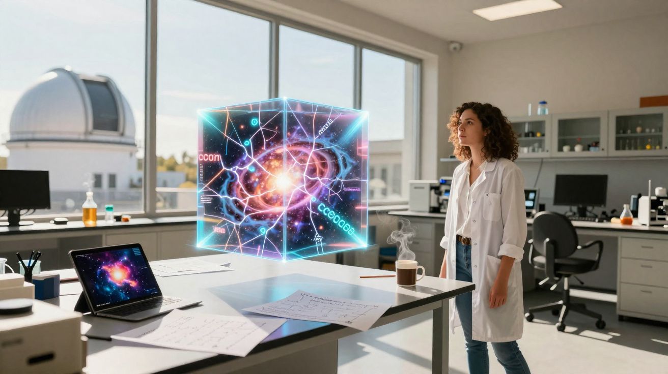 Cientista em laboratório observa cubo holográfico com imagem do espaço e fórmulas científicas.