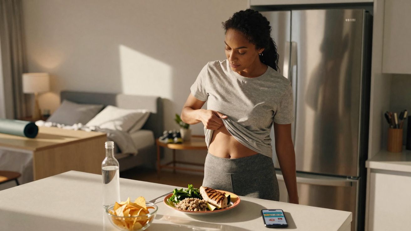 Mulher verifica barriga em cozinha enquanto escolhe refeição saudável na bancada iluminada pelo sol.