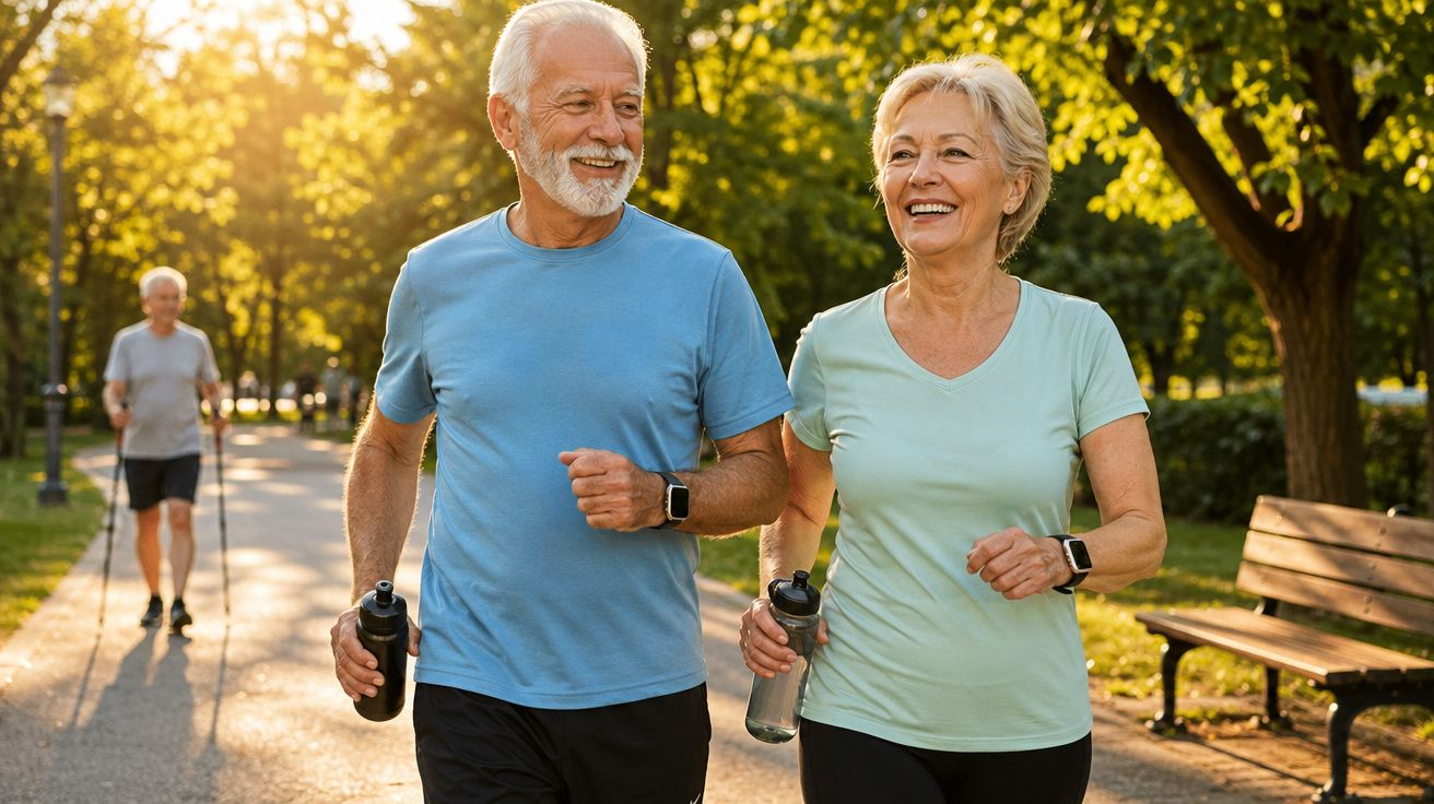 Casal idoso sorridente caminhando em parque ensolarado, cada um segurando uma garrafa de água.
