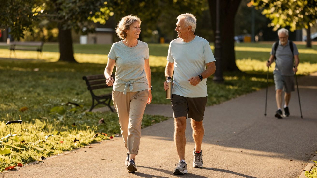 Casal de idosos caminhando e conversando em parque ao entardecer, com outra pessoa ao fundo usando bastões.