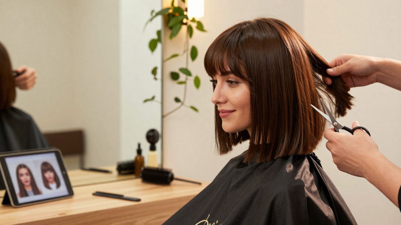 Mulher sorrindo recebendo corte de cabelo em salão moderno com tablet mostrando modelos de corte.