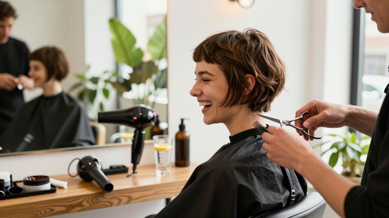 Mulher sorrindo enquanto cabeleireiro corta seu cabelo curto em salão moderno com plantas ao fundo.