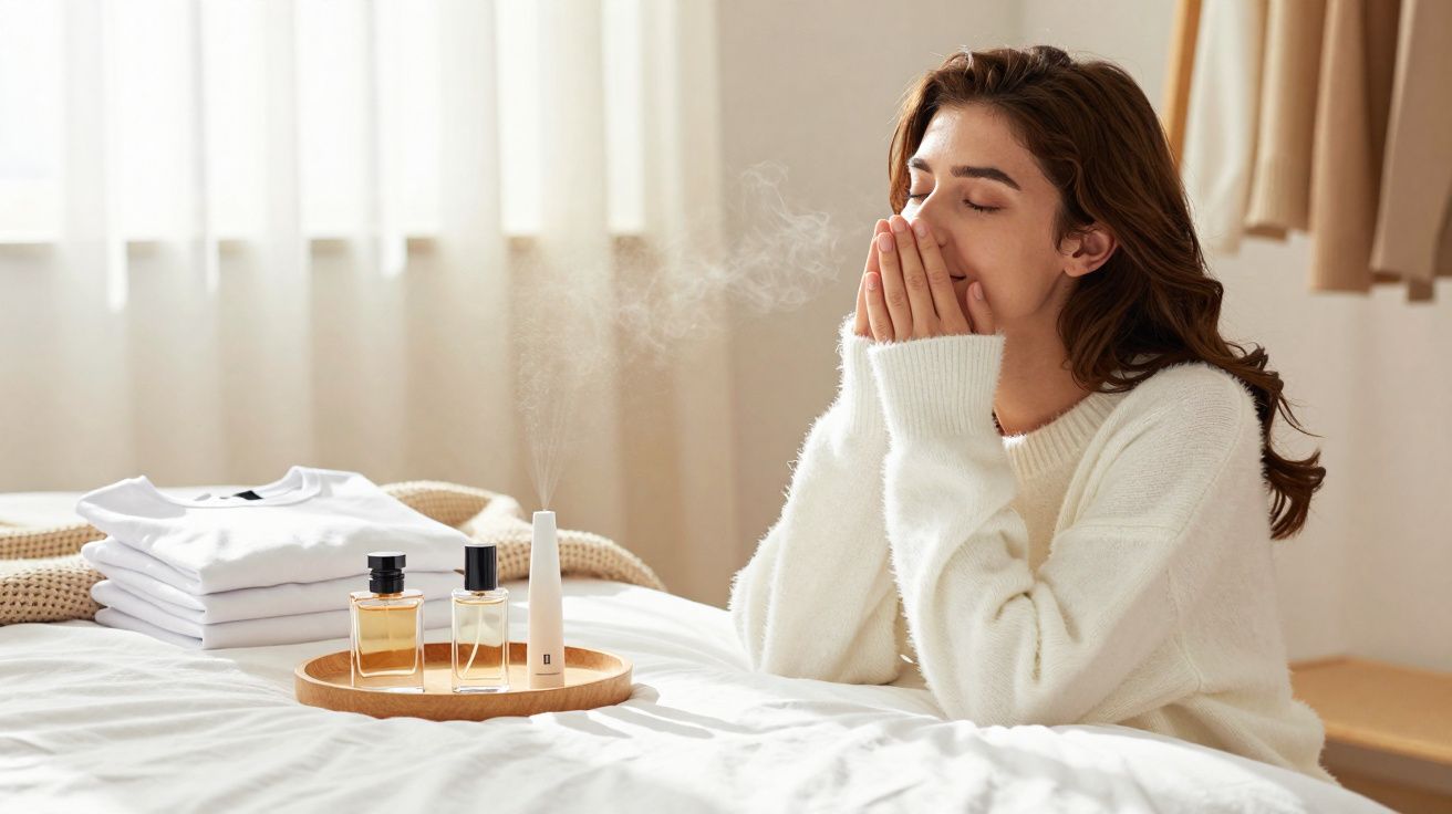 Mulher cheirando vapor de um aromatizador sobre cama com roupas dobradas ao fundo.