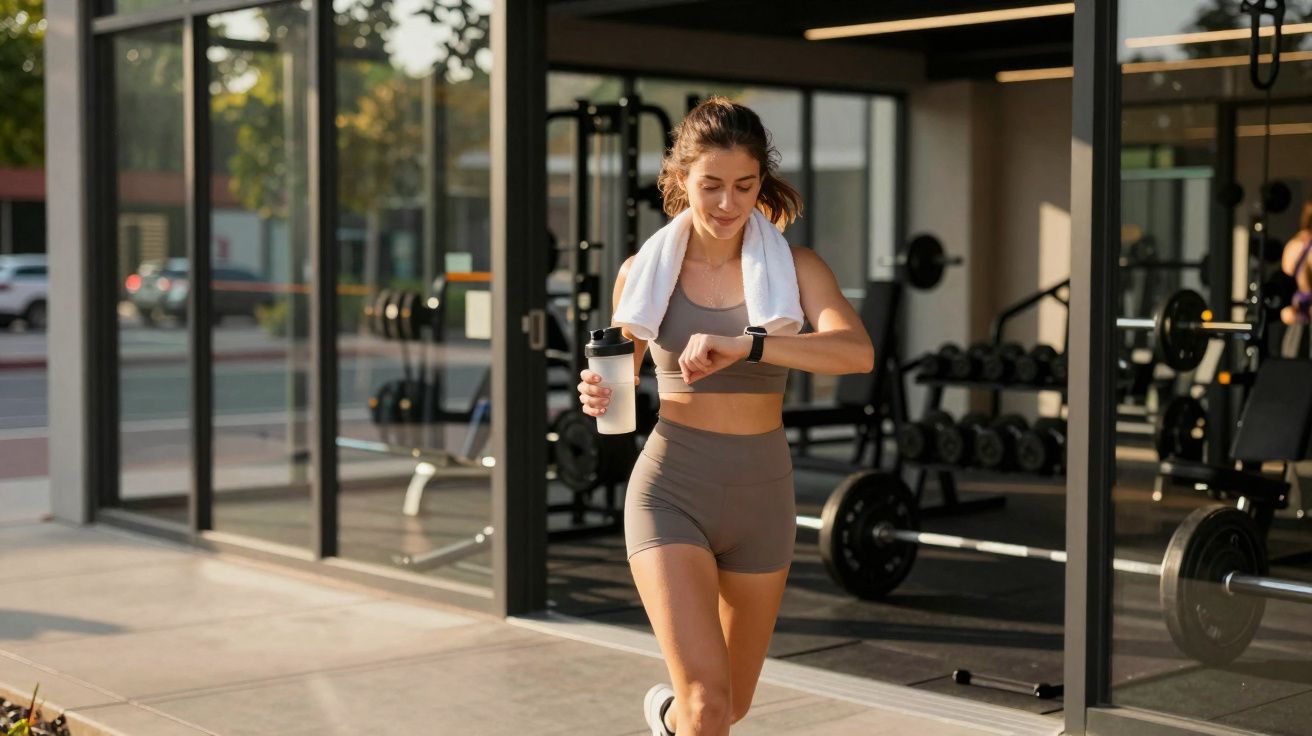 Mulher correndo com toalha no pescoço e garrafa na mão em academia com pesos ao fundo.