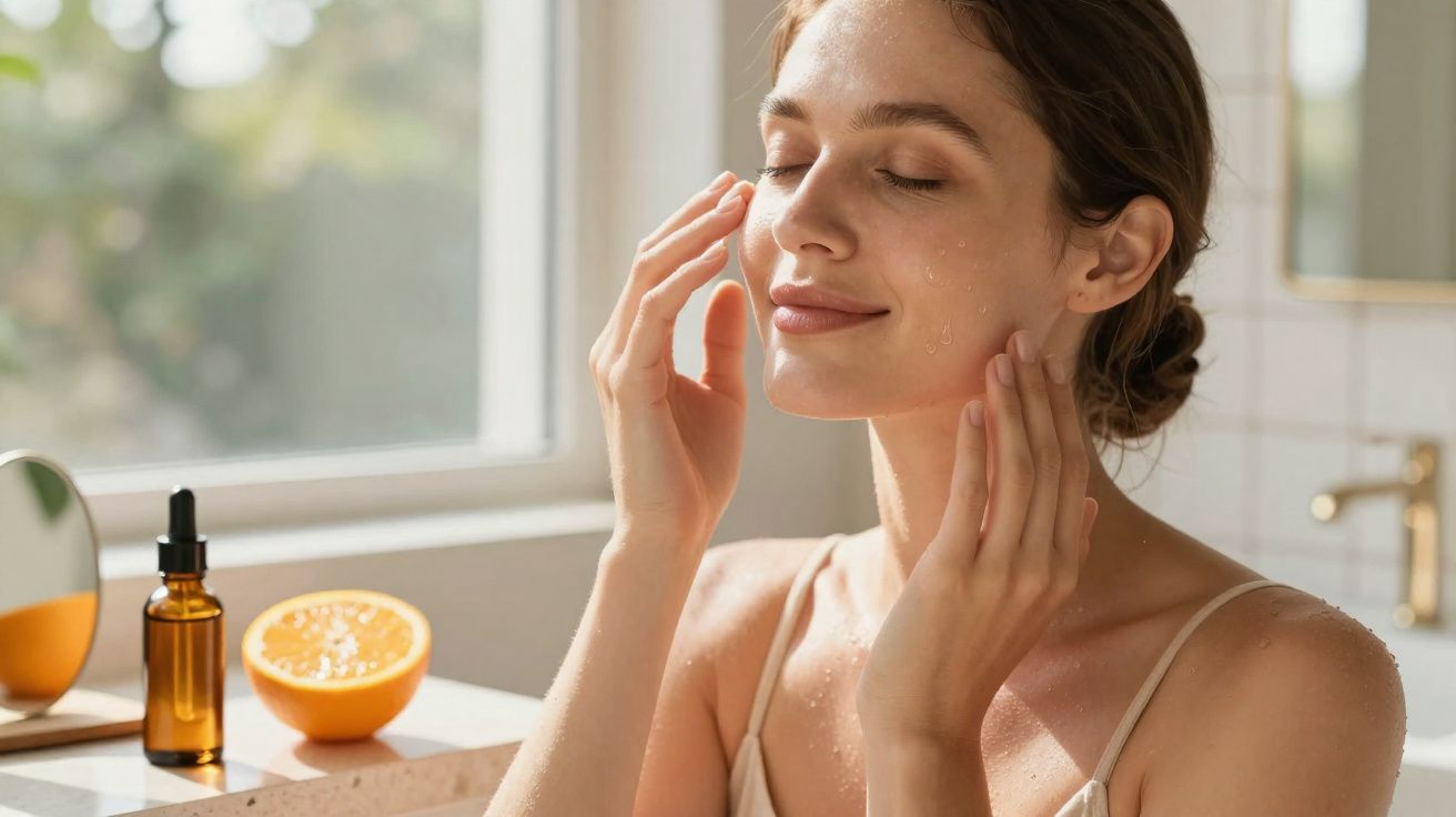 Mulher aplicando creme no rosto em ambiente iluminado, com frasco e laranja ao fundo.
