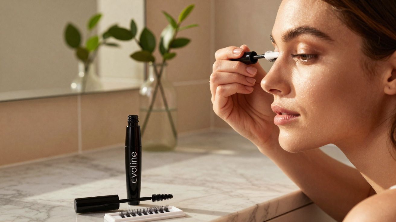 Mulher aplicando rímel branco nos cílios em bancada de banheiro com planta ao fundo.