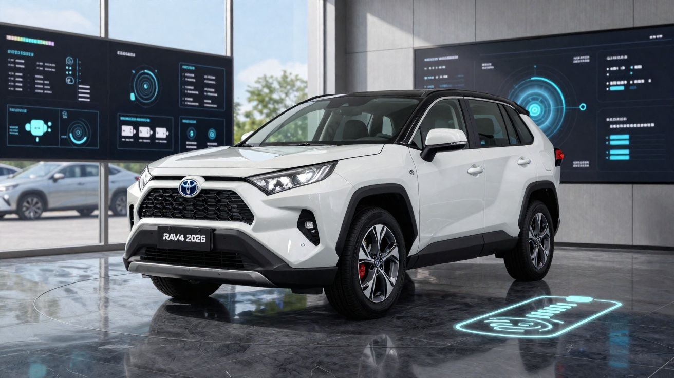 SUV branco Toyota RAV4 2026 em showroom moderno com telas digitais ao fundo e chão refletivo.