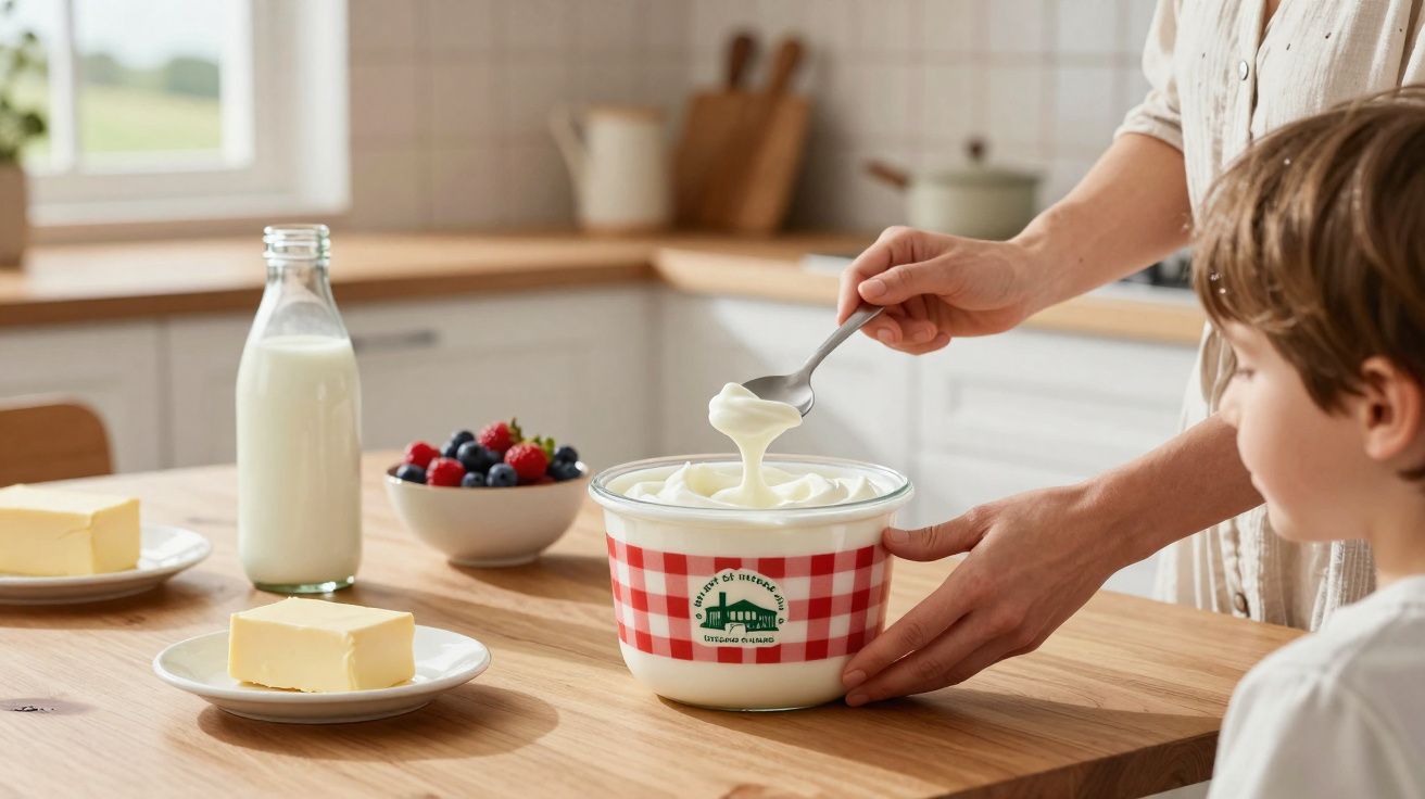 Pessoa servindo iogurte de tigela com estampa xadrez em cozinha, criança observando, manteiga, leite e frutas à mesa.