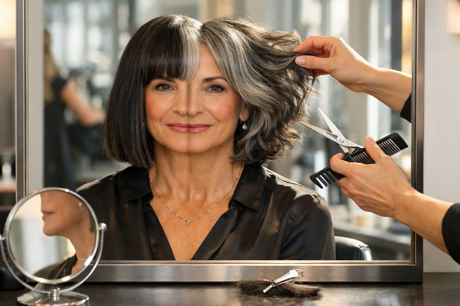 Mulher sorridente sentada em salão de beleza com cabelo grisalho sendo aparado por cabeleireiro.