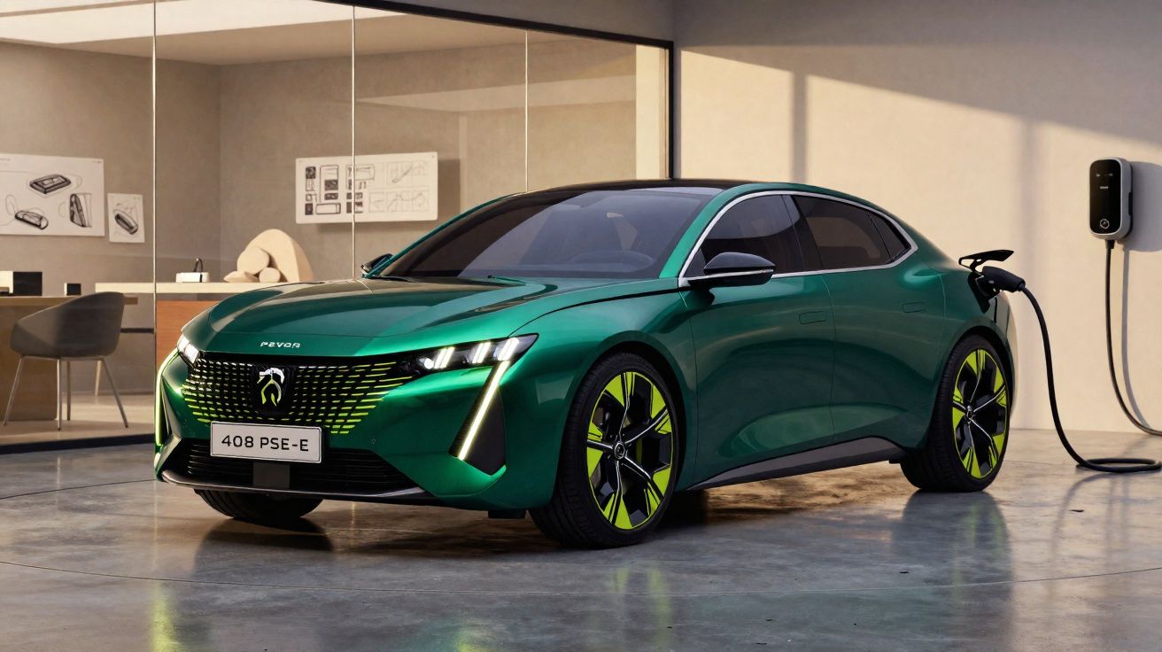 Carro elétrico verde estacionado em garagem moderna, conectado a estação de recarga na parede.