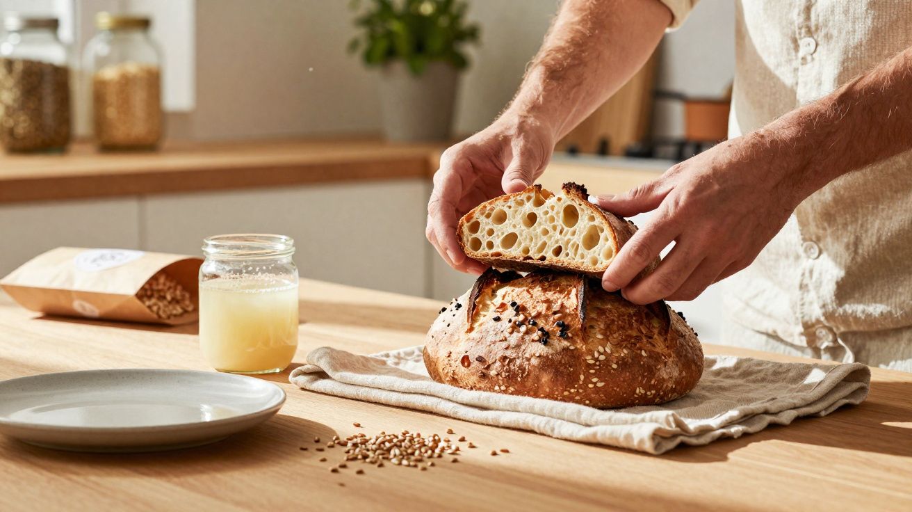 Pessoa segurando fatia de pão artesanal com miolo aerado sobre pão na mesa de cozinha clara