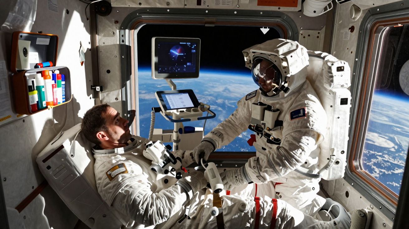 Dois astronautas em trajes espaciais dentro de uma nave, com vista da Terra e um monitor ao fundo.