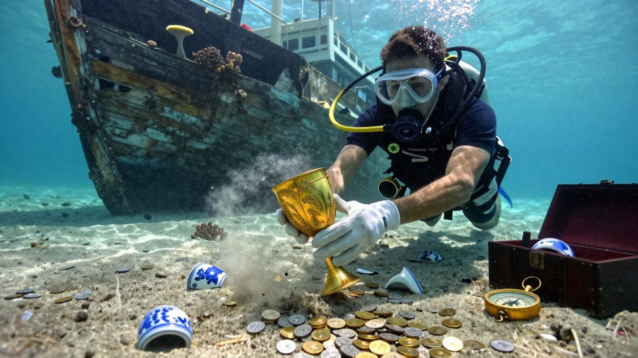 Mergulhador recupera taça dourada em naufrágio, rodeado por moedas, porcelanas e caixa aberta no fundo do mar.