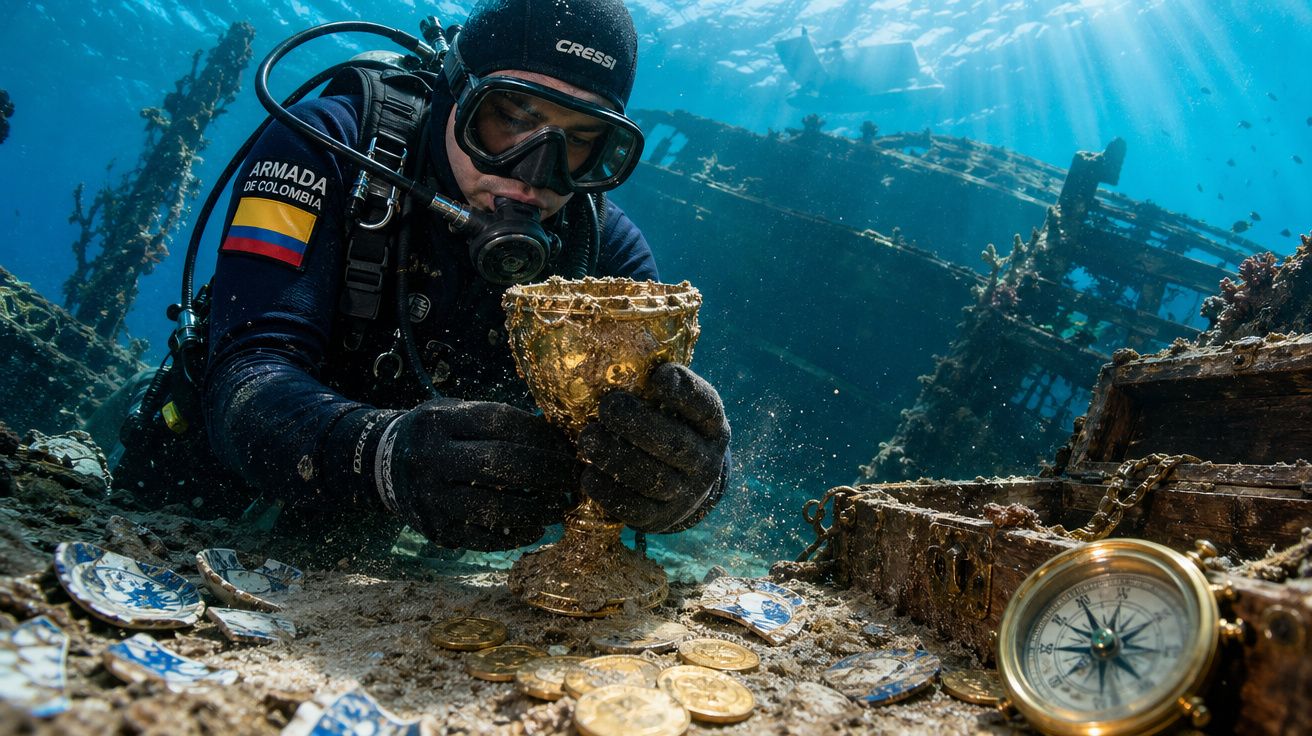 Mergulhador da Marinha da Colômbia examinando um cálice dourado em um naufrágio subaquático com moedas e bússola.