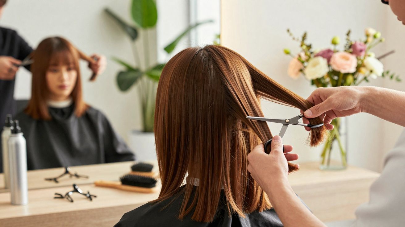 Pessoa cortando cabelo castanho curto em salão de beleza com espelho e flores ao fundo.