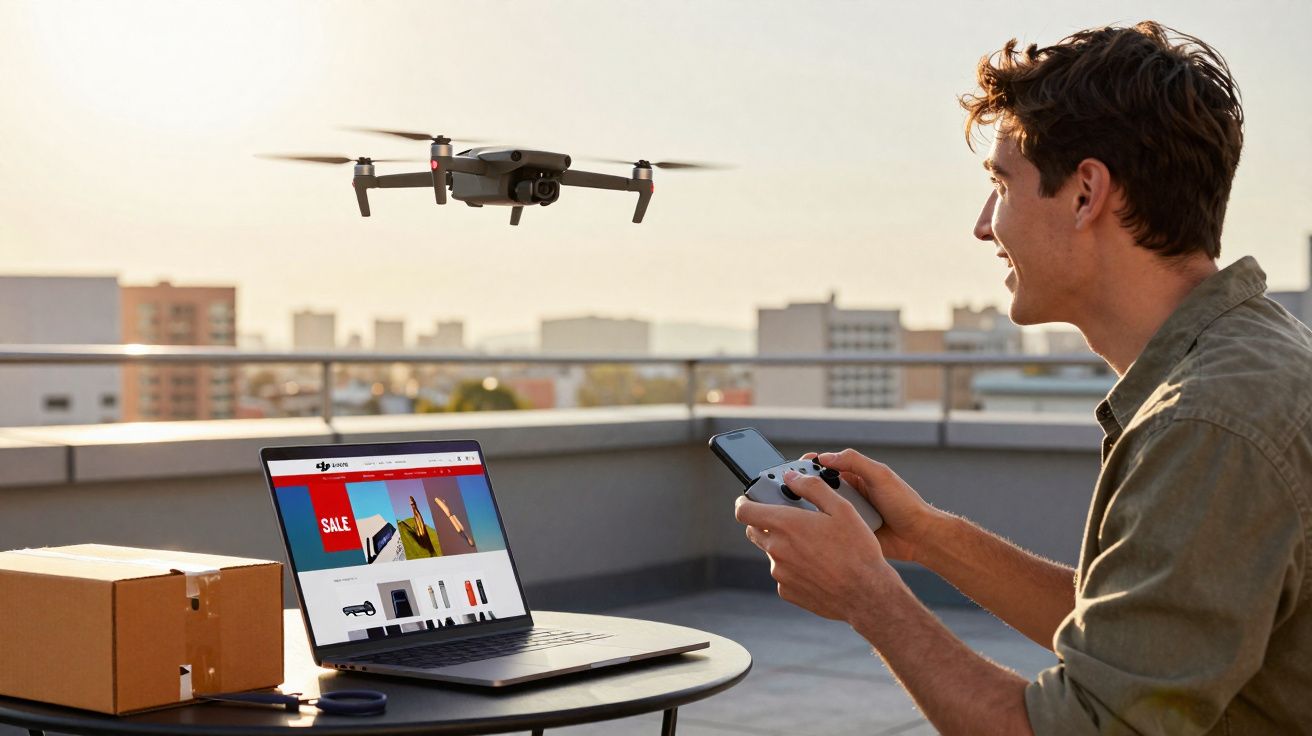 Jovem controla drone com controle remoto em varanda, com laptop aberto e caixa ao lado na mesa.