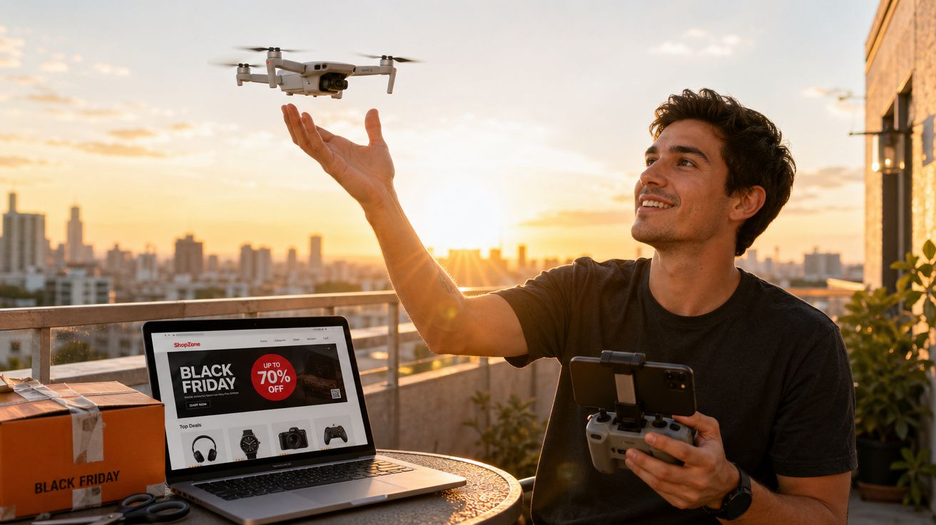 Homem controlando drone com controle remoto em varanda ao pôr do sol, ao lado de notebook mostrando promoção Black Friday.