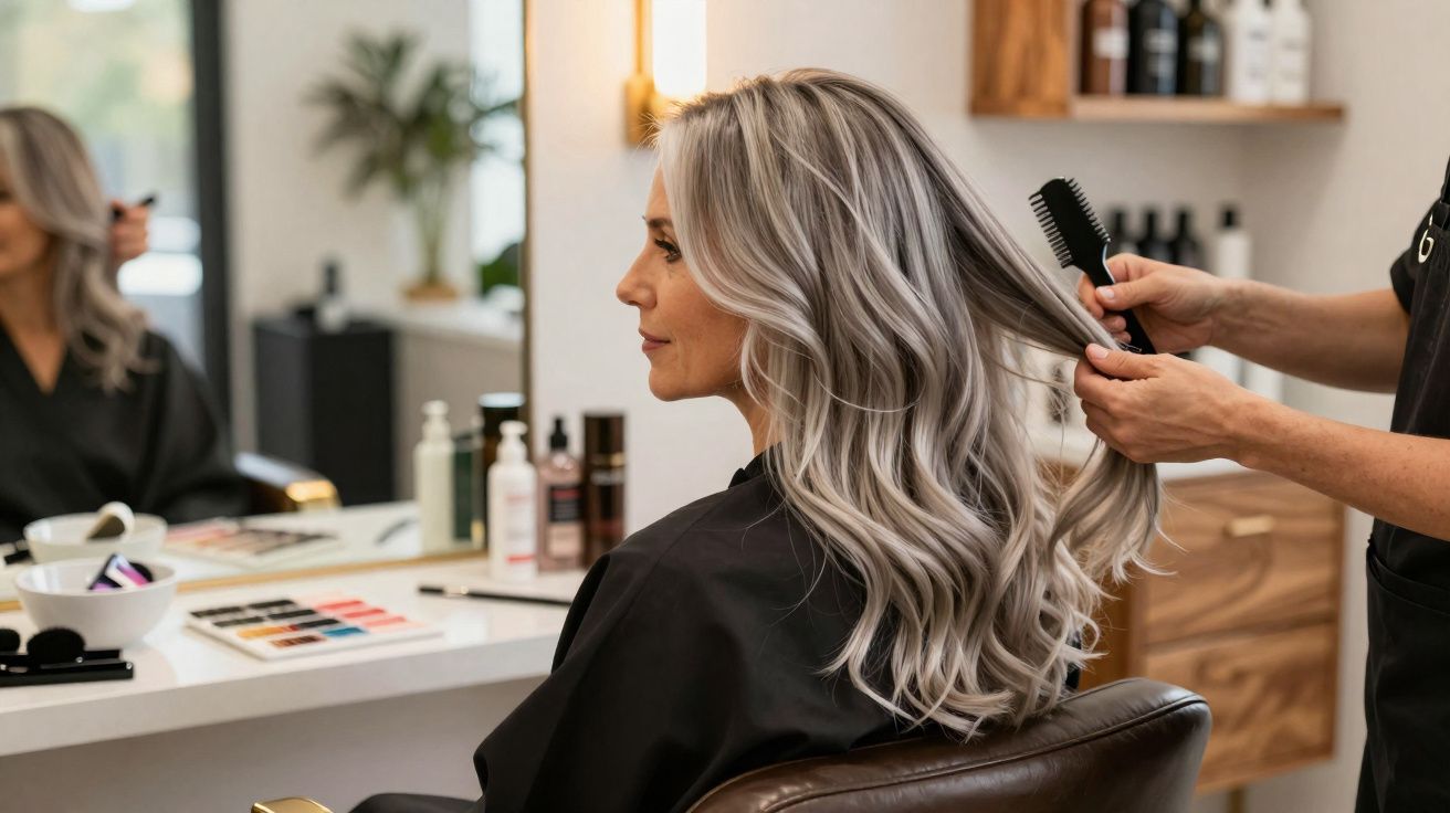 Mulher com cabelos loiros e ondulados sendo penteada em salão de beleza moderno.